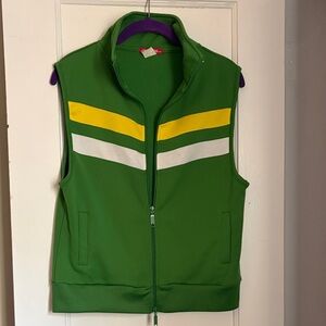 Peachie Keen Retro Stretch Zip Vest Green Yellow White Stripes L